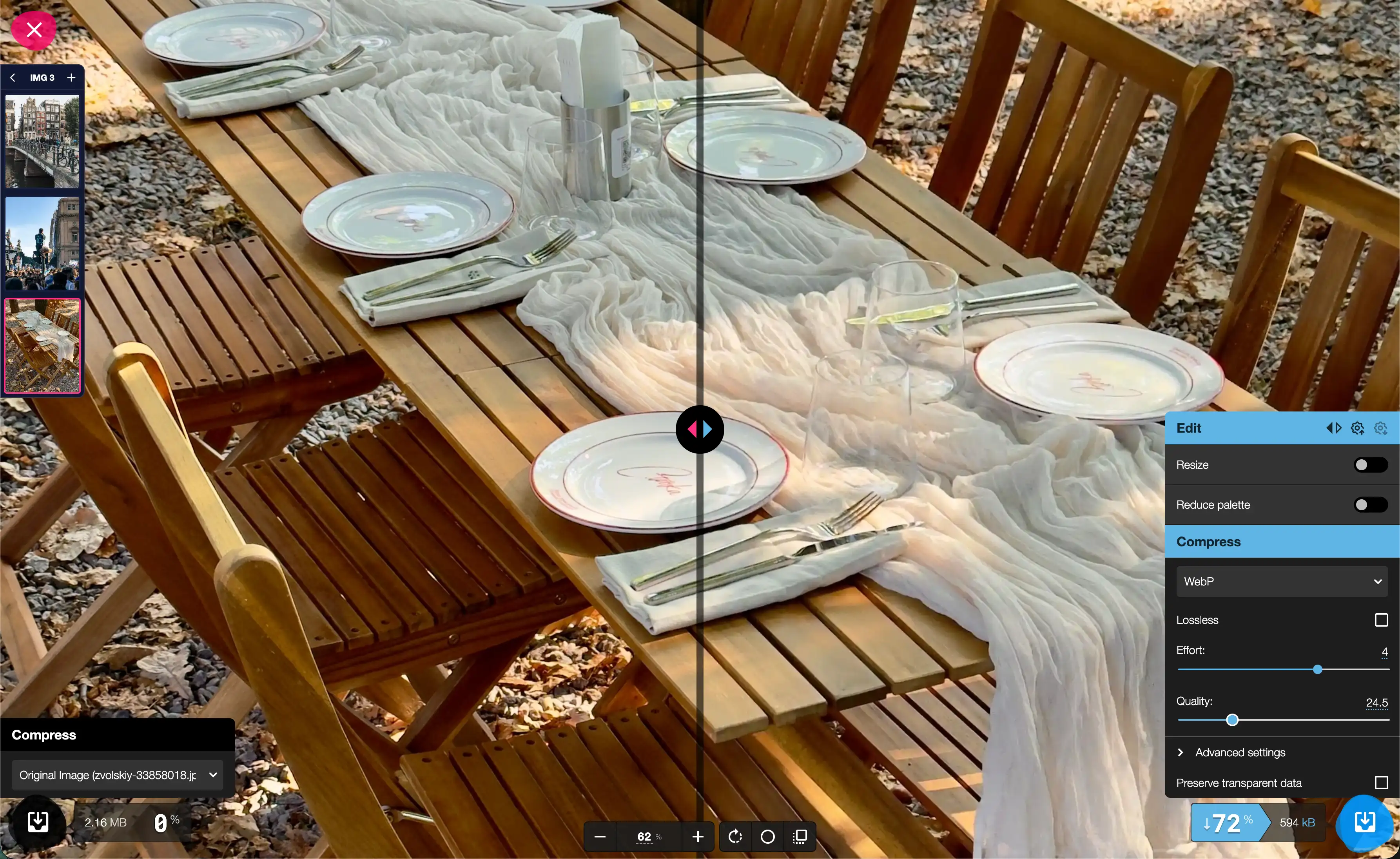 Vicoco workspace showing a before-and-after photograph comparison with WebP settings